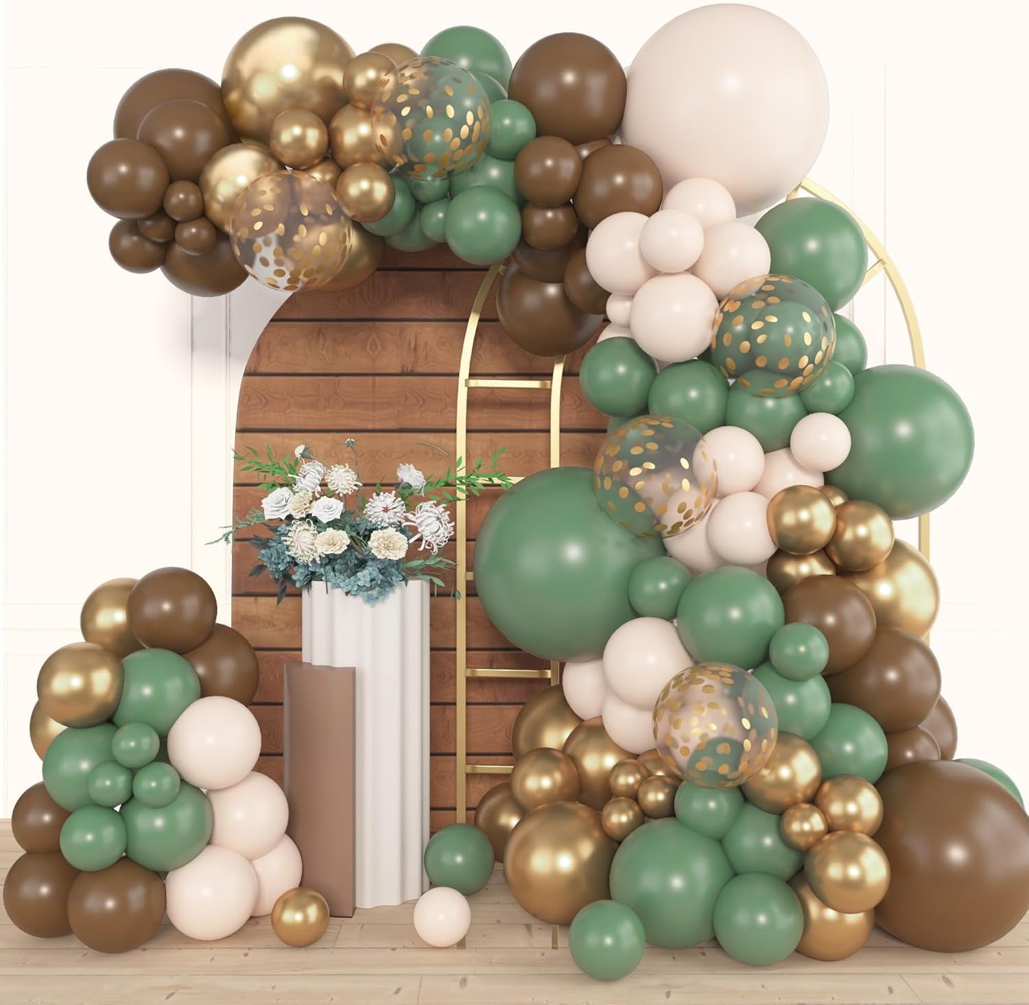 153pcs Sage Green Brown Balloon Garland Arch Kit, Different Sizes 18 12 10 5 inch Olive Green Gold Latex Metallic Confetti Balloons for Safari Jungle Woodland Birthday Baby Shower Decorations
