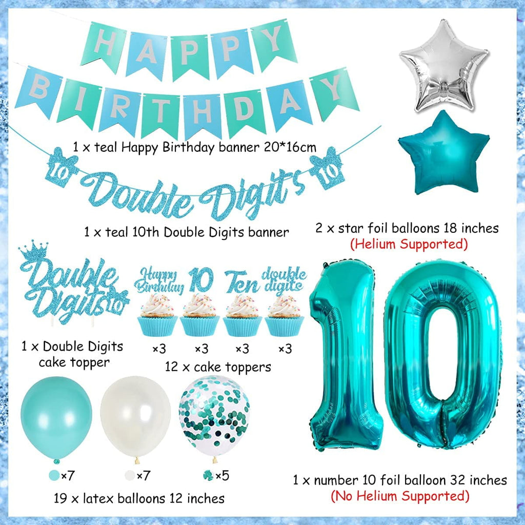 Joymemo 10th Birthday Decorations for Girls Balloons and Cake Toppers, Teal and Turquoise s