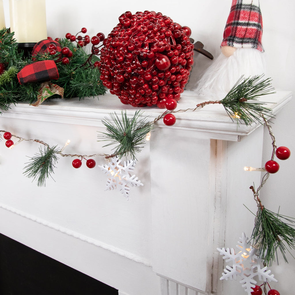 Northlight Pre-Lit B/O Pine, Berry and Snowflake Christmas Garland - 6' - Warm White LED Lights