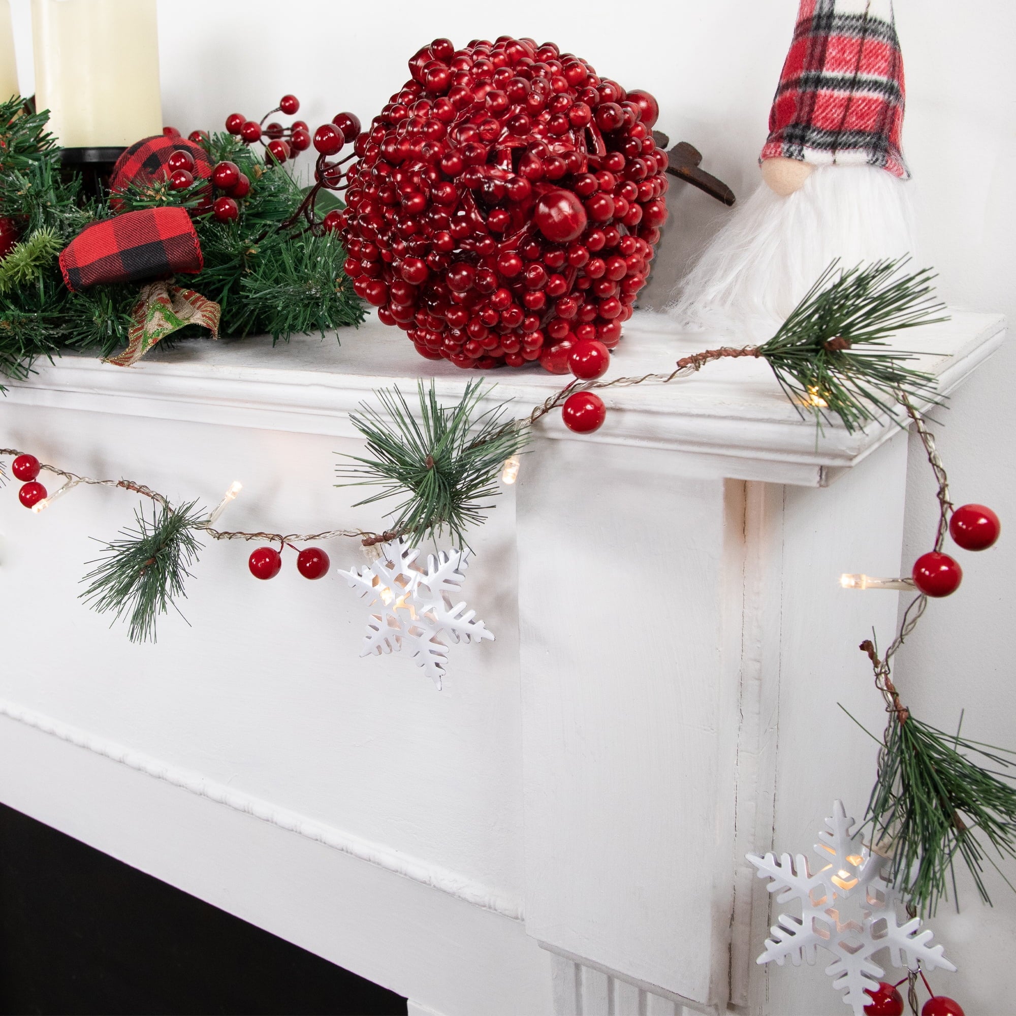 Northlight Pre-Lit B/O Pine, Berry and Snowflake Christmas Garland - 6' - Warm White LED Lights