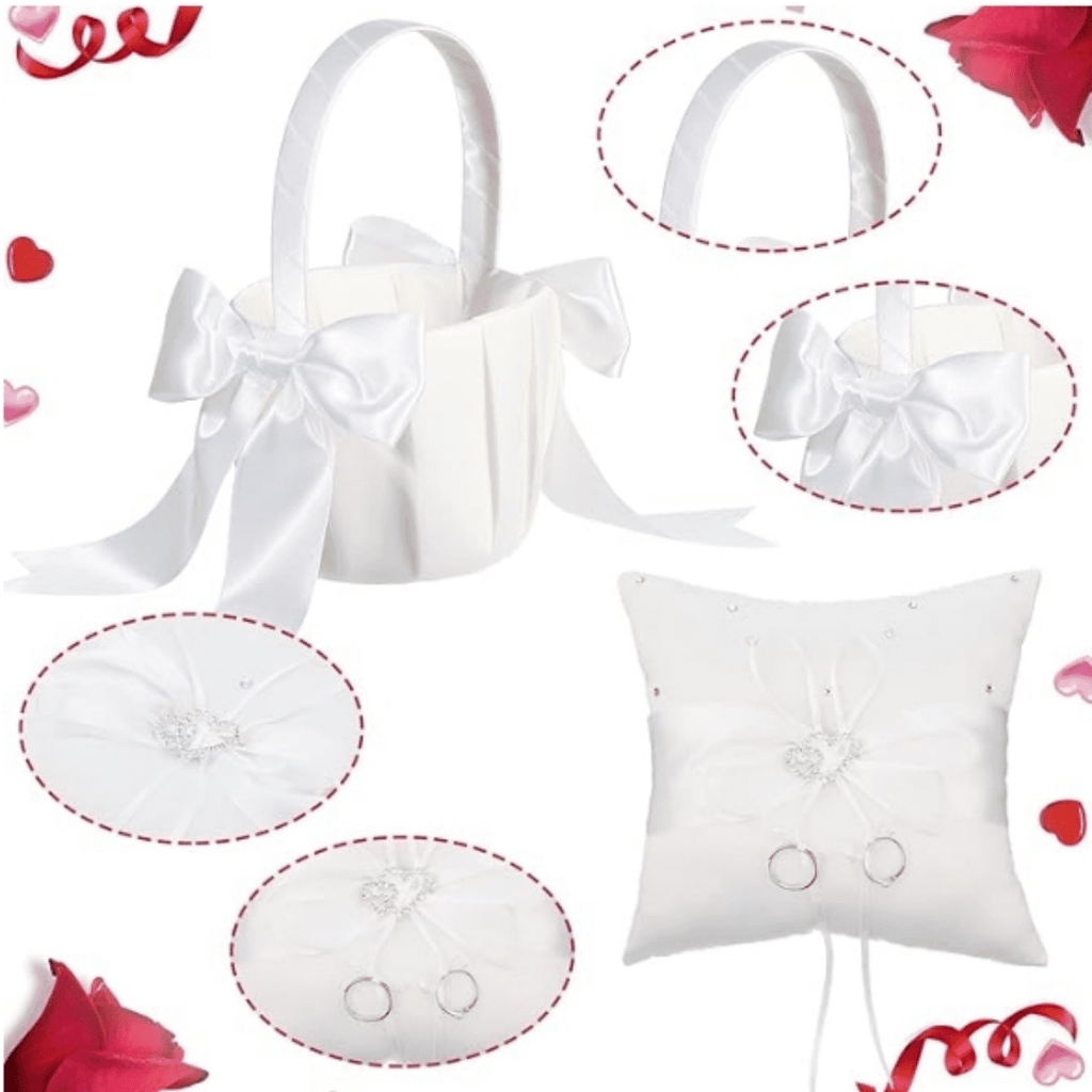 White Flower Girl Basket and Ring Bearer Pillow Set Rhinestones Satin Wedding Ring Pillow Wedding Flower Baskets for Wedding Gift Anniversary Celebrations Party D ration