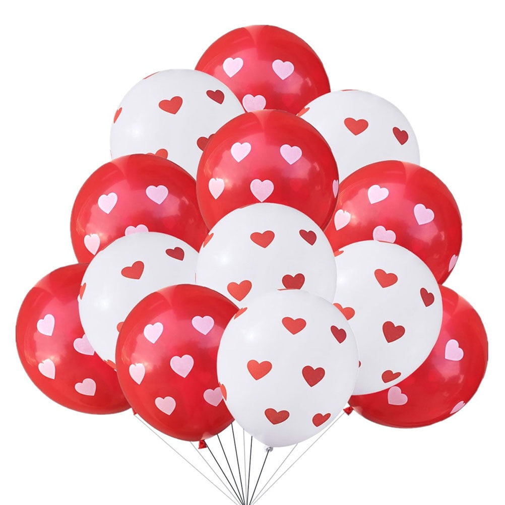 Masteelf 150 pcs  12 Inches Red Background White Heart Printing Balloon Decoration Love Heart Balloons Valentines Day Latex Balloons Wedding Photo Props Party Supplies with Random Color Ribbon