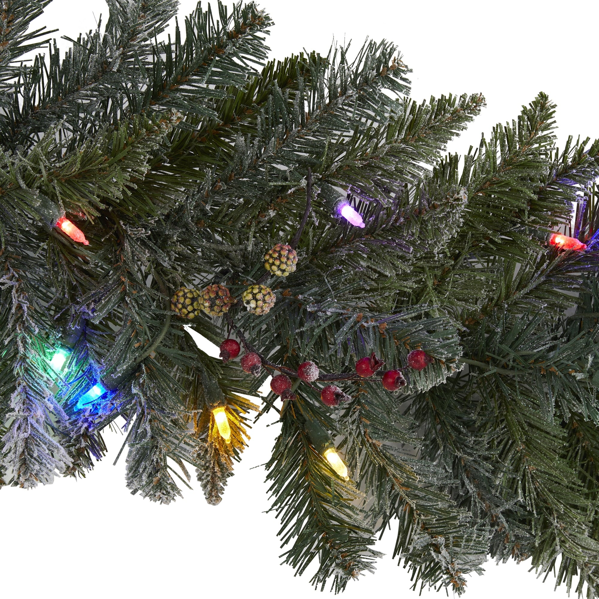 Nearly Natural 6' Flocked Artificial Christmas Garland with 50 Multicolored LED Lights and Berries
