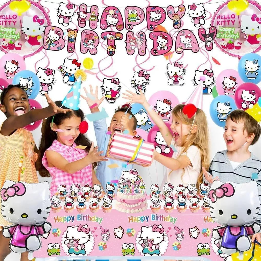 Pink Birthday Decorations Set, Pink Party Supplies Cartoon Theme with Banner, Balloons, Tablecloth, Cake Toppers for Kids Cartoon Theme Party