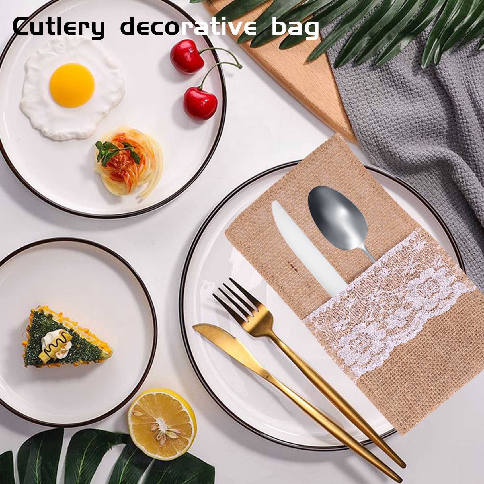 75Pcs Burlap Lace Cutlery Pouch Rustic Wedding Tableware Knife Fork Holder Bag Hessian Table Decoration Accessories