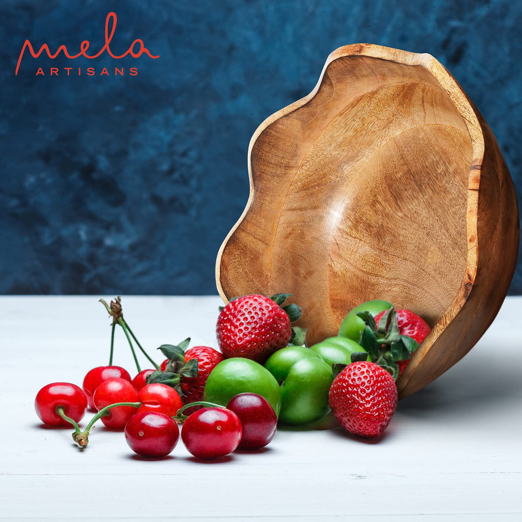 Mela Artisans Wooden Scalloped Bowl, Rustic Ruffle Decorative Bowl, Brown, Large
