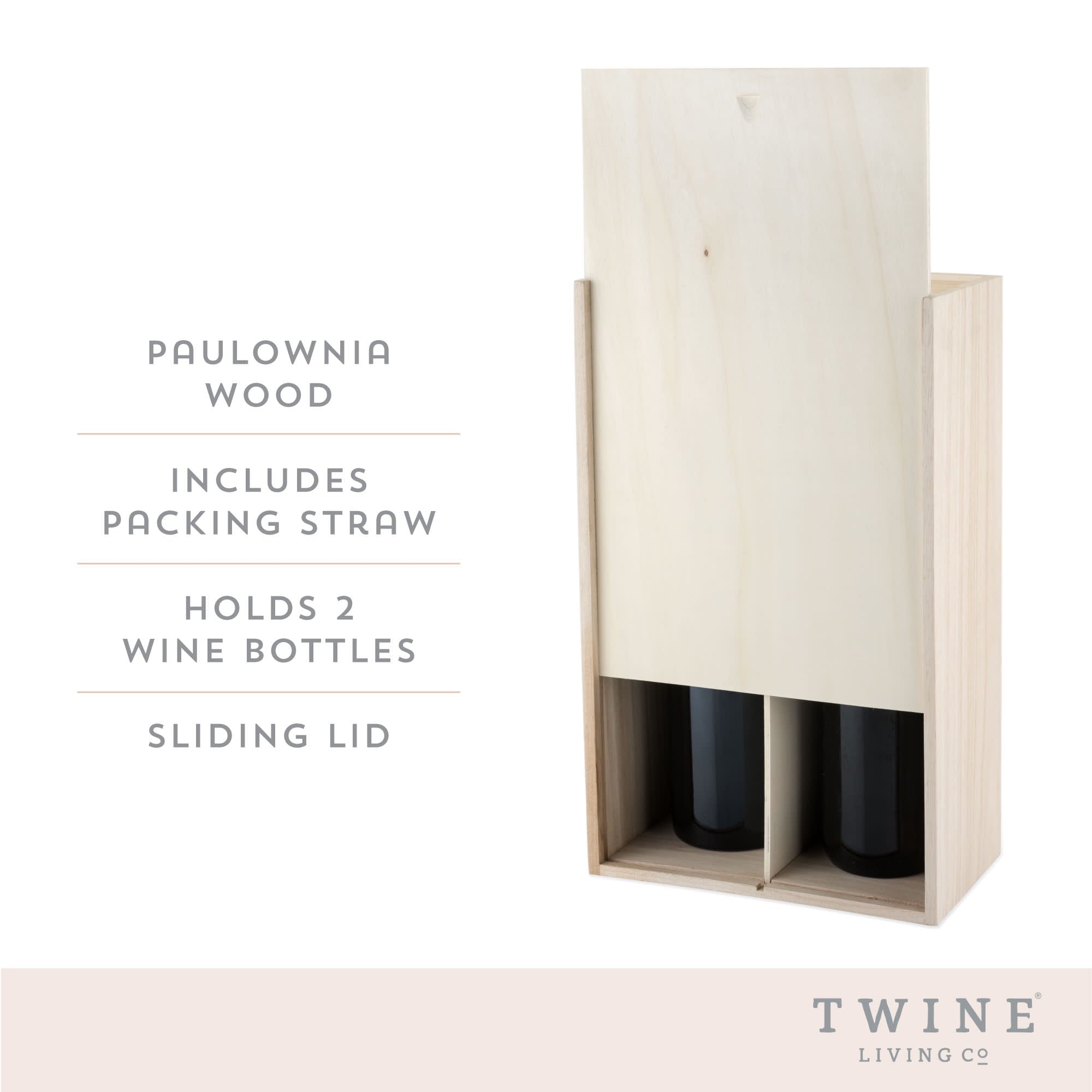Twine Wooden Wine Box, 2-Bottle Wine Gift Box Paulownia Wood, Wedding Gifts