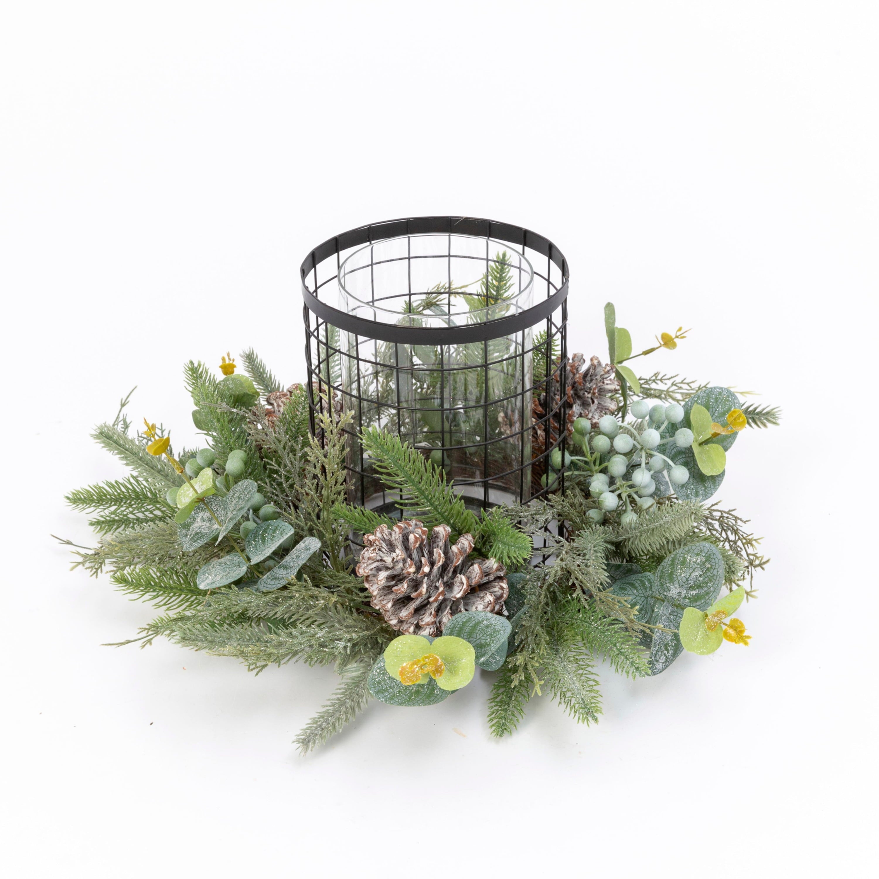 17 in. Metal Holiday Centerpiece Glass Candle Holder