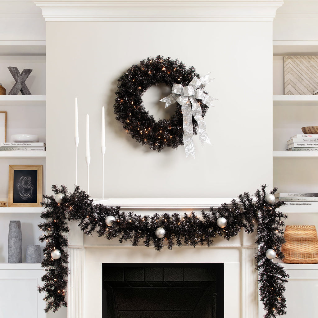 Northlight Pre-Lit Artificial Christmas Tinsel Garland - 9' x 8" - Black - Clear Lights