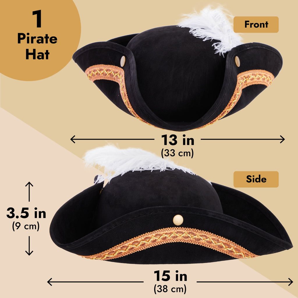 Adult Tricorn Pirate Hat with Feather for Halloween Outfit - Black Pirate Hat for Colonial Revolutionary History Theme Birthday & Halloween Party Costume 15 x13 x 3.5 In