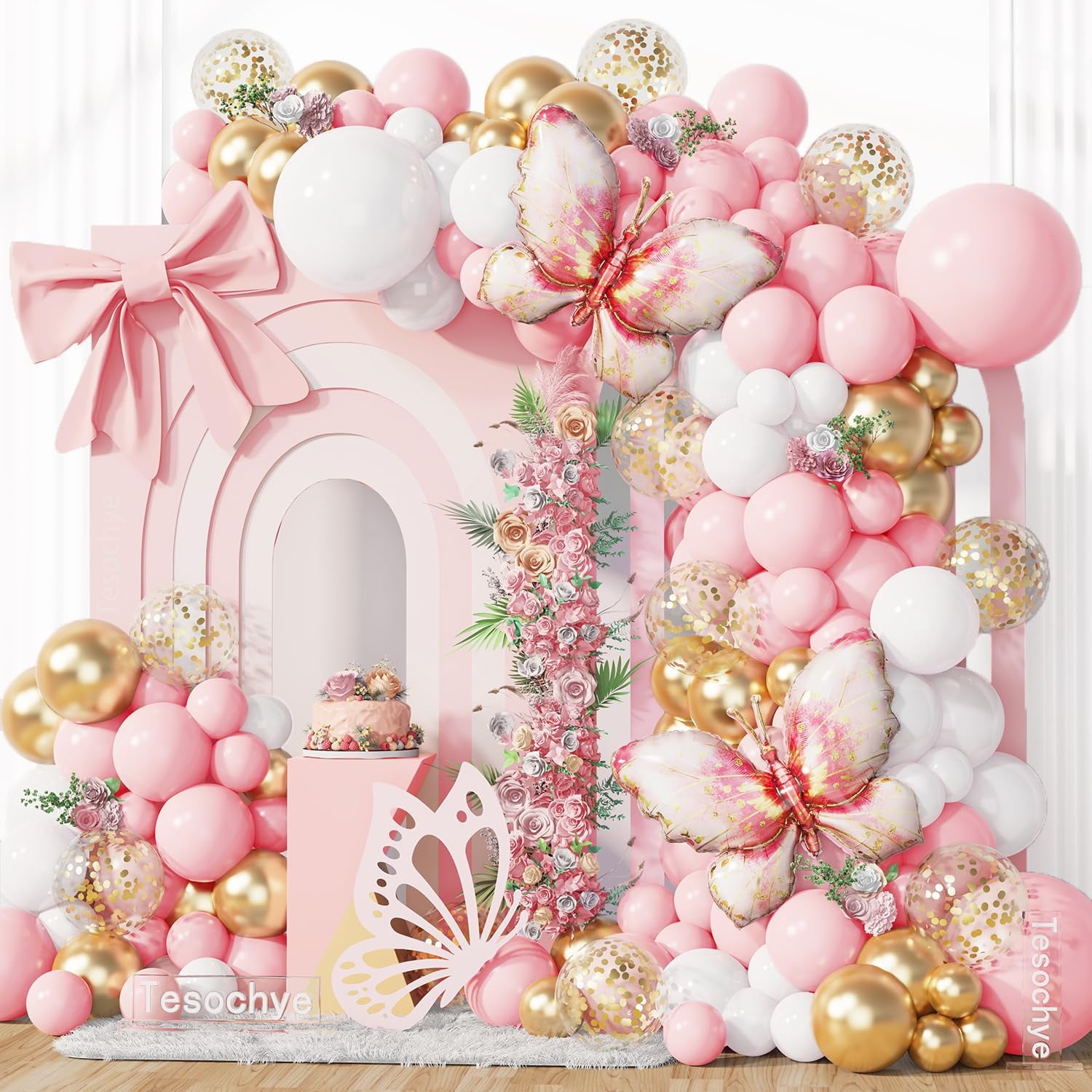 Pink and Gold Balloon Arch Kit, AFN1143 PCS Pink and White Balloon Garland Kit Light Pink White Gold Confetti Balloons for Princess Birthday Party Baby Shower Wedding Decorations