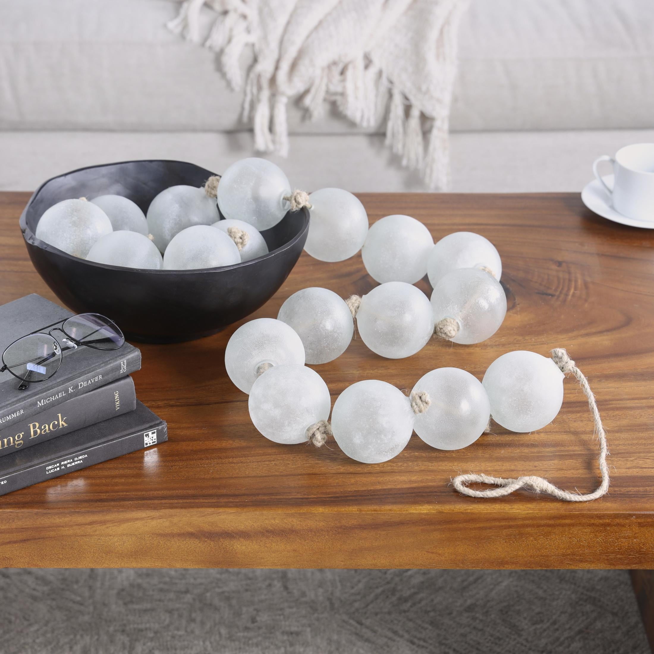 DecMode Handmade Round Extra Long Frosted Orb White Glass Garland with Tassel with Knotted Jute Rope