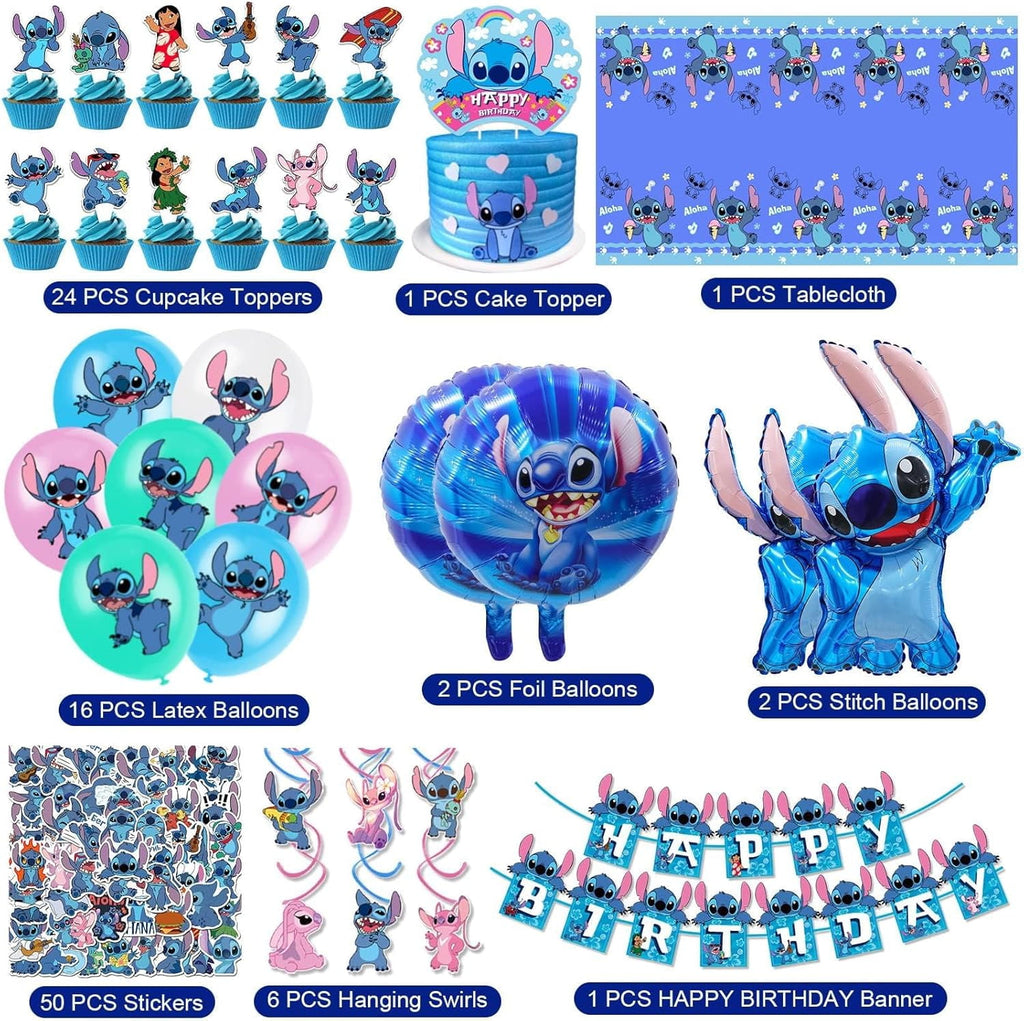 Stitch Party Supplies Happy Birthday Decorations Set Include Banner, Balloons, Stickers, Hanging Swirls, Cake Cupcake Toppers, Tablecloth for Boys Girls Cartoon Theme Party