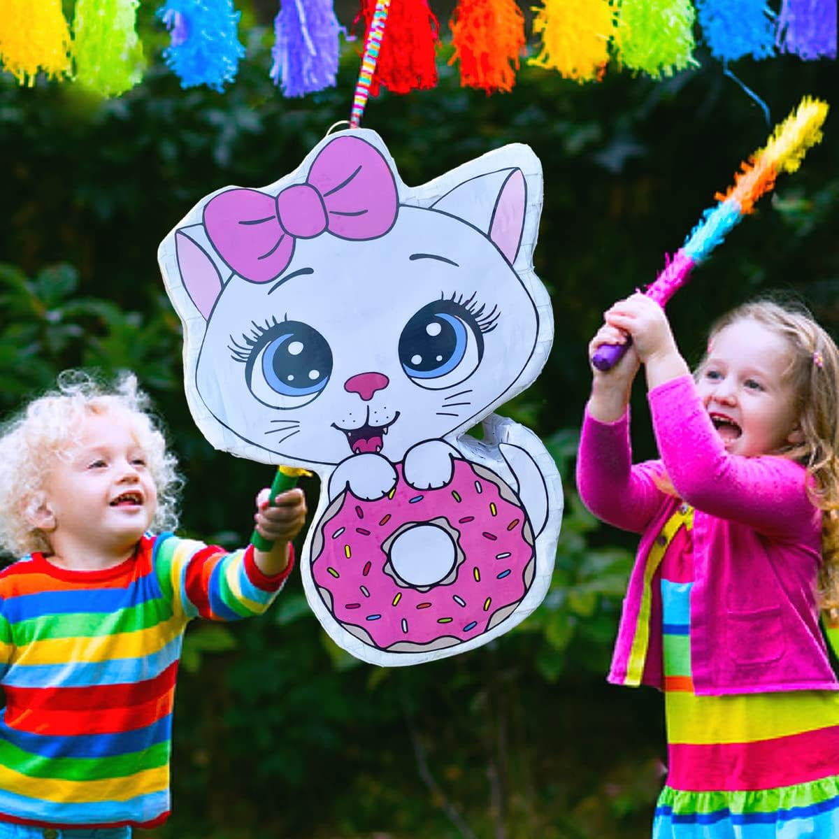 Cat Donut Pinata Bulk Candy Fill Spill Pinatas - Kitty Party Favor Game for Kids Boys Girl Birthday Parties Supplies - Animal Theme Cute Decor School Carnivals Cat Party Event - 16.5 X 12 X 4 In