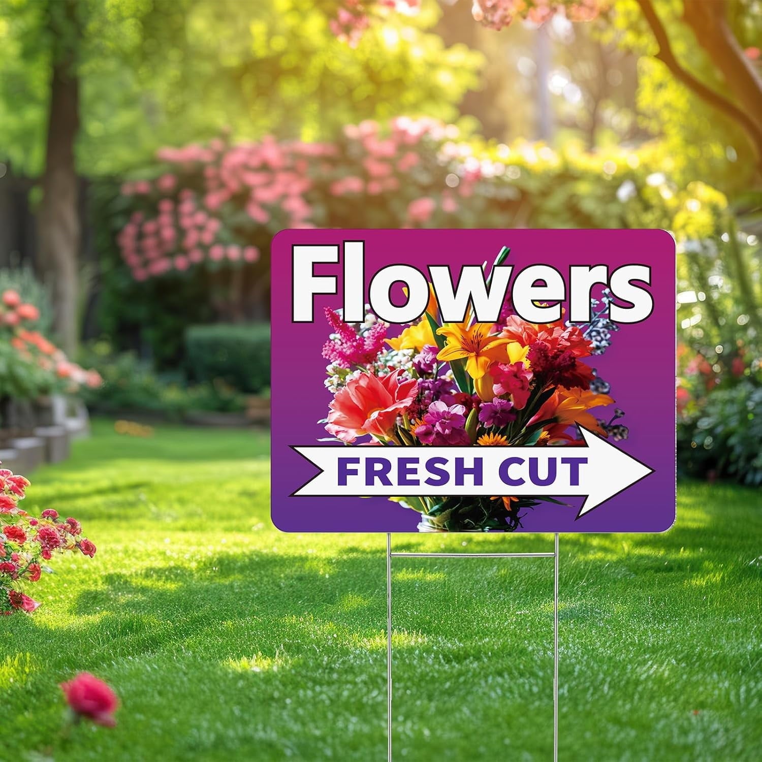 3 Pack Fresh Cut Flower Yard Signs with Stakes 16 x 12 Inch Double Sided Weatherproof Garden Signs for Flower Shops, Markets Events