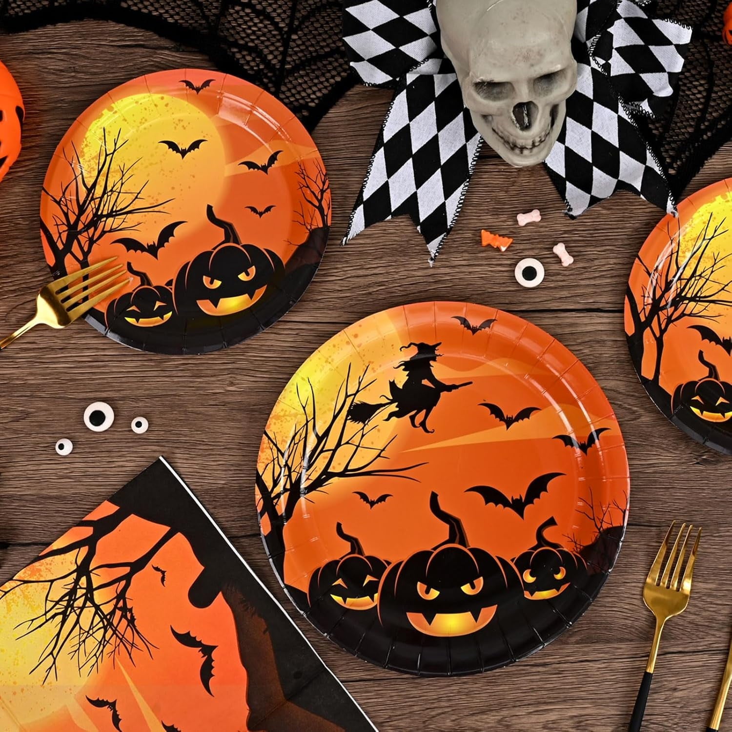 Waipfaru 200 PCS Halloween Party Supplies Paper Plates and Napkins Orange Pumpkin Disposable Tableware for Party Decoration