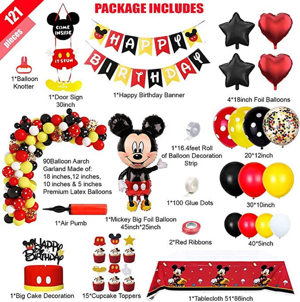 M - Mouse Birthday Decorations, Balloon Arch Garland kit, Happy Birthday Banner 45 Inch Giant Jumbo Mickey Mouse foil balloon, Door Sign Cake & Cupcake Toppers Confetti & Mylar Balloons Tablecloth