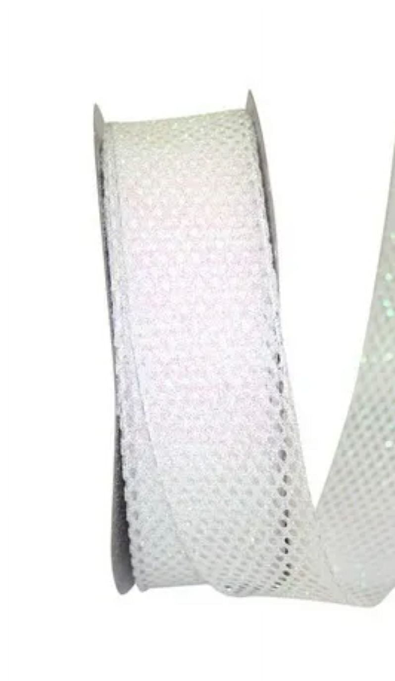 JAM Paper Mesh Christmas White Glitter Ribbon, 25yd x 1.5in, 1/Pack
