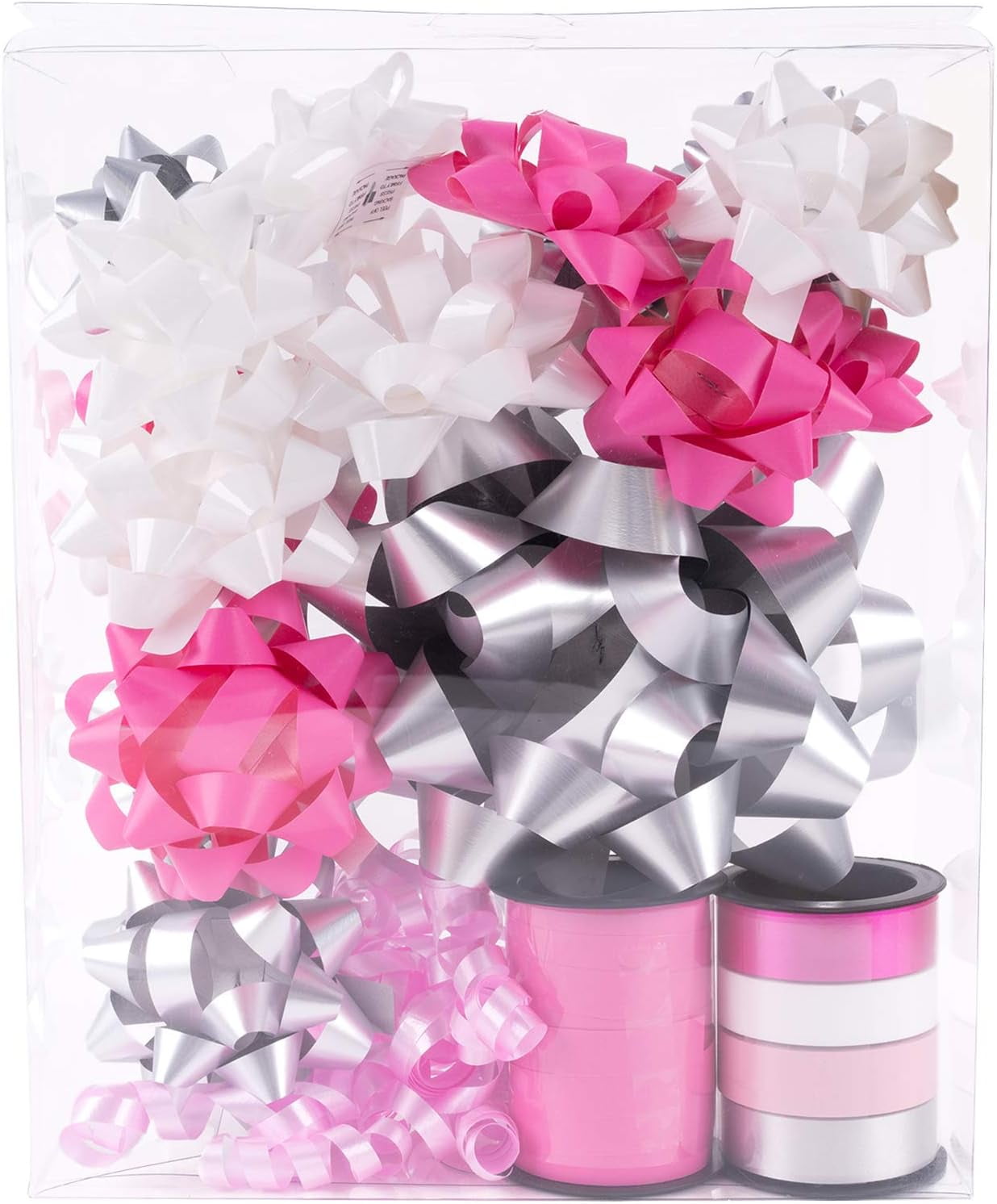 19 Pcs Gift Bows Assortment - 16 Multi Colored Assorted Size Gift Bows(Pink, White, Silver), 2 Crimped Curling Ribbons, 1 Pink Curly Bows, Perfect for Christmas, Holiday, Party