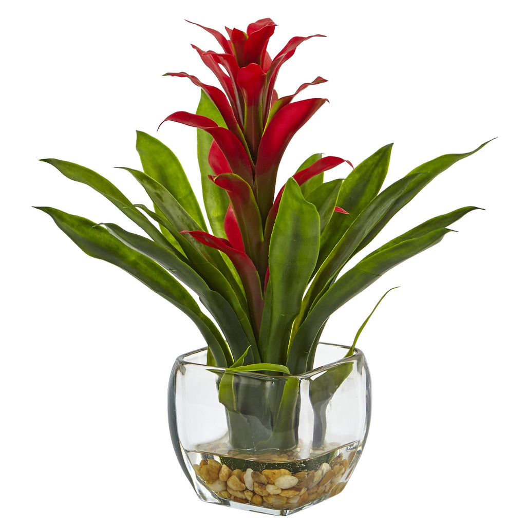 Nearly Natural Red Bromeliad with Vase Centerpiece