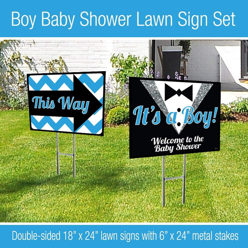 18x24 "It's A Boy" double sided Lawn Sign Baby Shower Kit with 6x24 H-stakes. Brightly colored Blue, Black, and Digitally Printed Silver Glitter on white lawn sign. Includes Directional Arrow sign