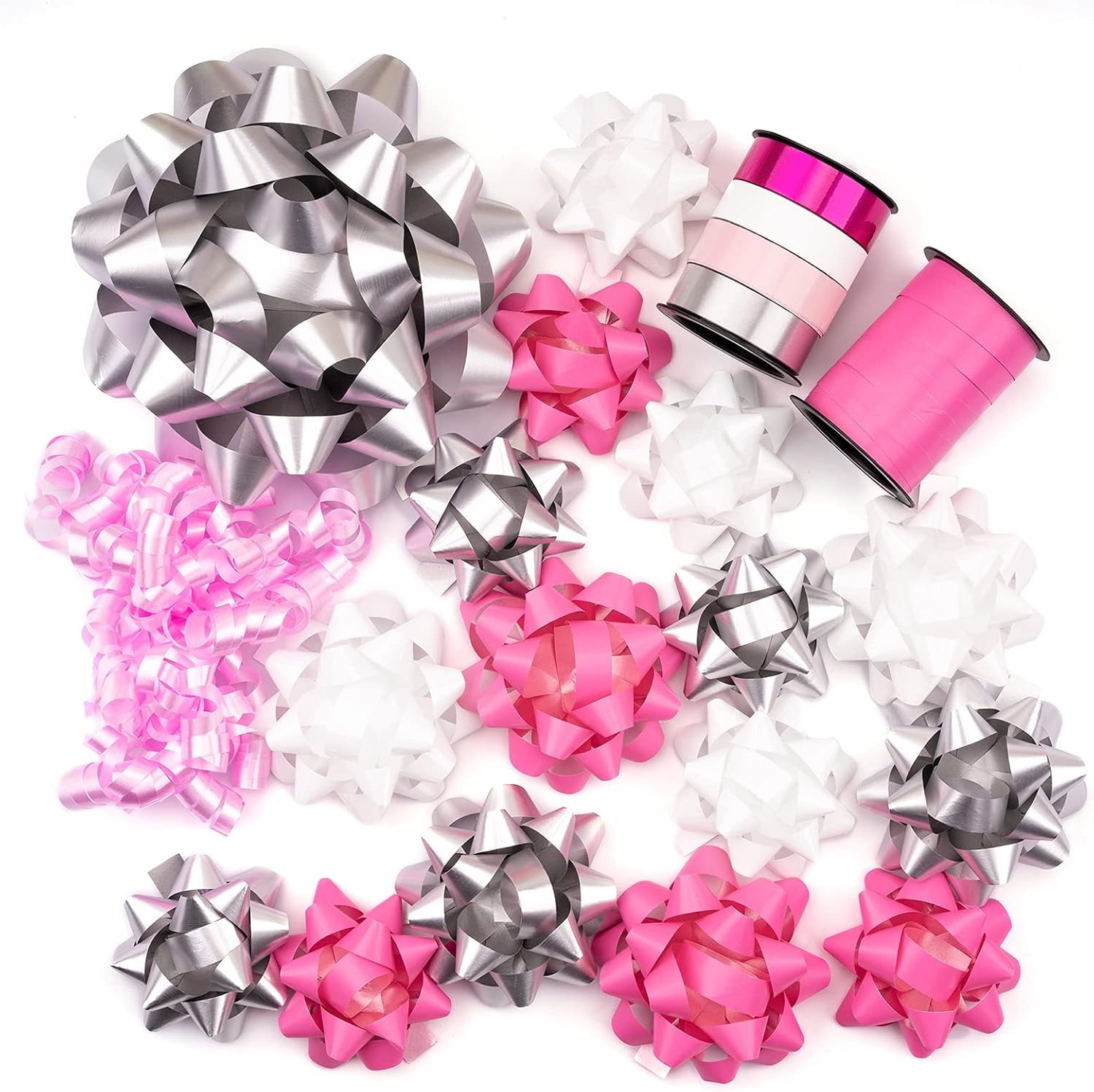 19 Pcs Gift Bows Assortment - 16 Multi Colored Assorted Size Gift Bows(Pink, White, Silver), 2 Crimped Curling Ribbons, 1 Pink Curly Bows, Perfect for Christmas, Holiday, Party