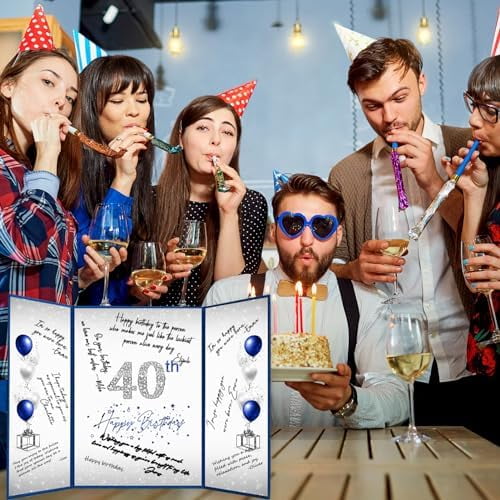 40th Birthday Decorations for Men or Women, Creative 40th Birthday Guest Book Alternative, Blue and Silver 40 Birthday Signature Book 18 x 12 inch, Great 40th Birthday Gifts