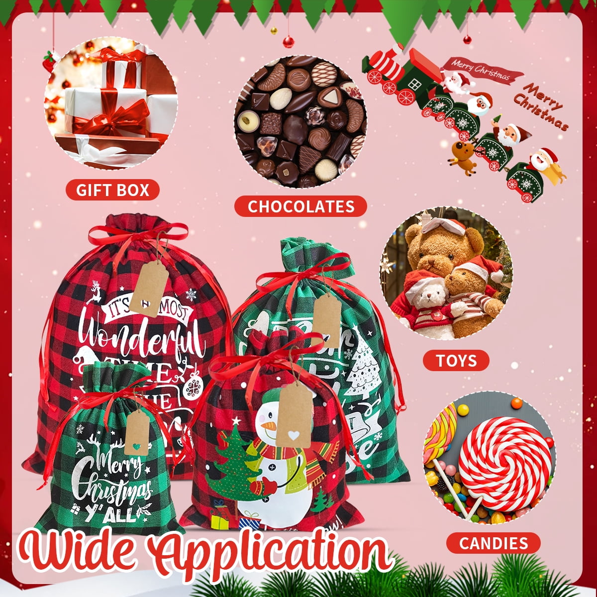 Christmas Bags Christmas Gift Bags Santa Sacks Large Buffalo Reusable Fabric Drawstring Gift Pouches for Xmas Party Favor Red Green 10Pcs