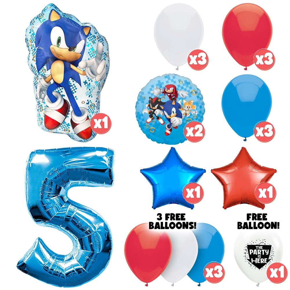 20pc Sonic the Hedgehog Balloons Bouquet Kit - Kids Party Decor Decoration Supplies with 42" Blue Number 5 Balloon - Video Game Birthday Balloons