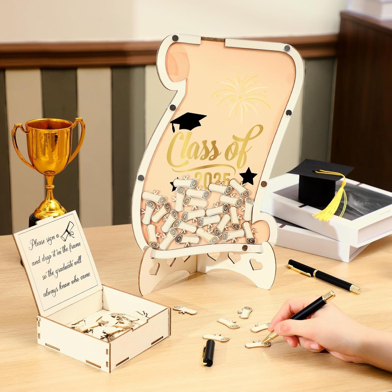 Graduation Guest Book 2025 Graduation Signatures Collecting Name Drop Sign Book with 100pcs Wooden Scroll 1pc Storage Welcome Box 2pcs Pens for Congrats Graduation Party