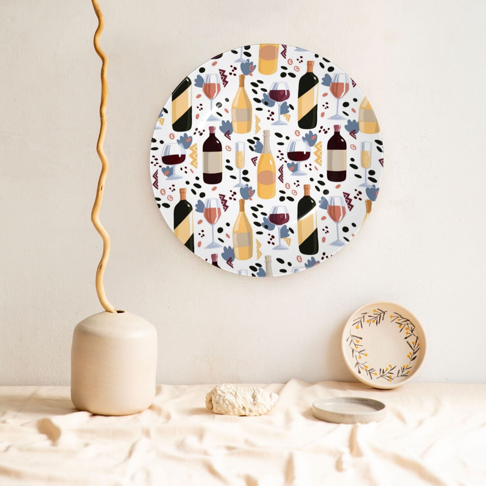 Cauagu Wine Bottles Glasses Print Bone China Decorative Plate, Wall Mount Plate Holiday Decor Decorative Ceramic Plates with Stand Elegant Household Plates Decorative-6in