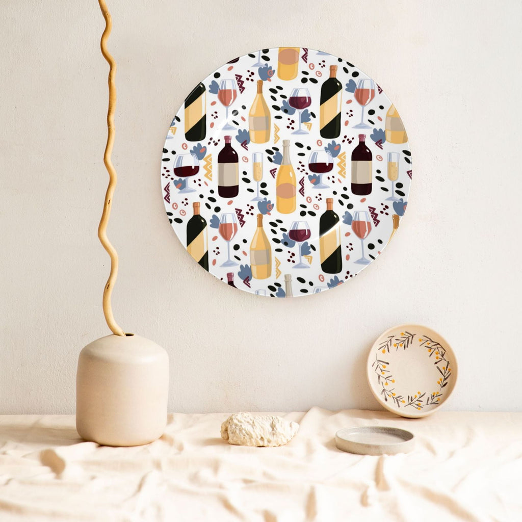 Cauagu Wine Bottles Glasses Print Bone China Decorative Plate, Wall Mount Plate Holiday Decor Decorative Ceramic Plates with Stand Elegant Household Plates Decorative-8in