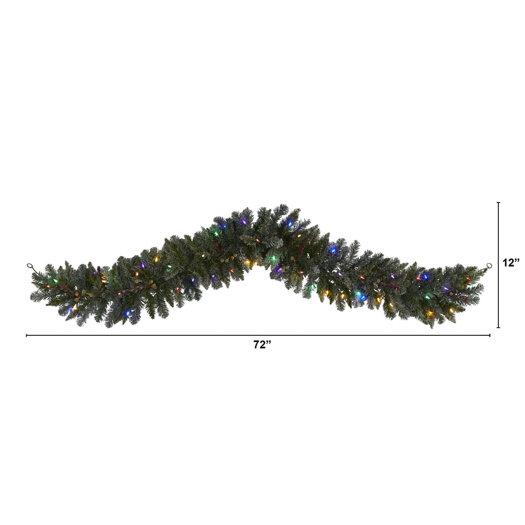 Nearly Natural 6' Flocked Artificial Christmas Garland with 50 Multicolored LED Lights and Berries