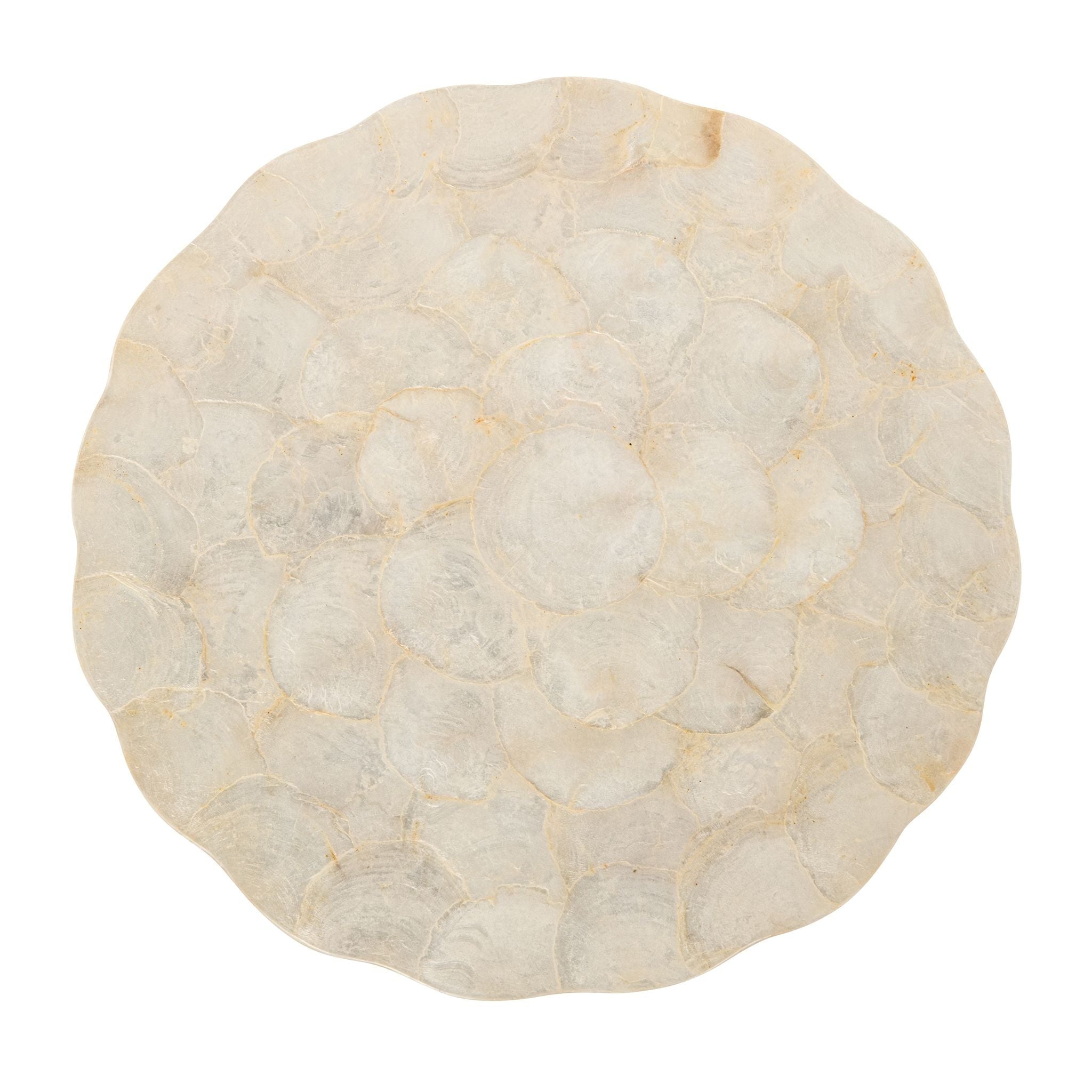 KOUBOO Round Capiz Seashell Leaf Charger Plates, Ivory-Gold-Plearlescent Rustic Water Hyacinth Decorative Charger Plater, Wedding, Party (Set of 2) 15 In
