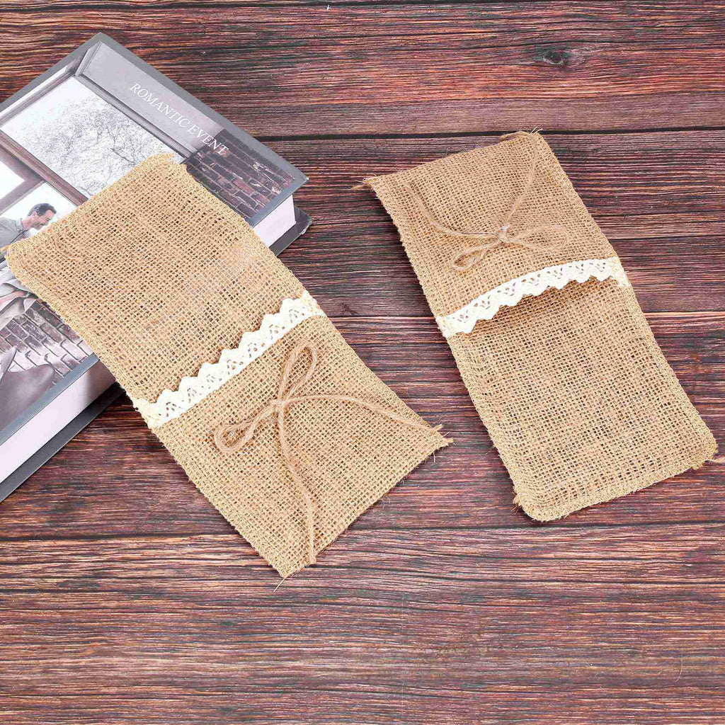 100PCS Country Wedding Table Silverware Holder Natural Burlap Cutlery Pockets Fork Pockets Rustic Wedding Decoration