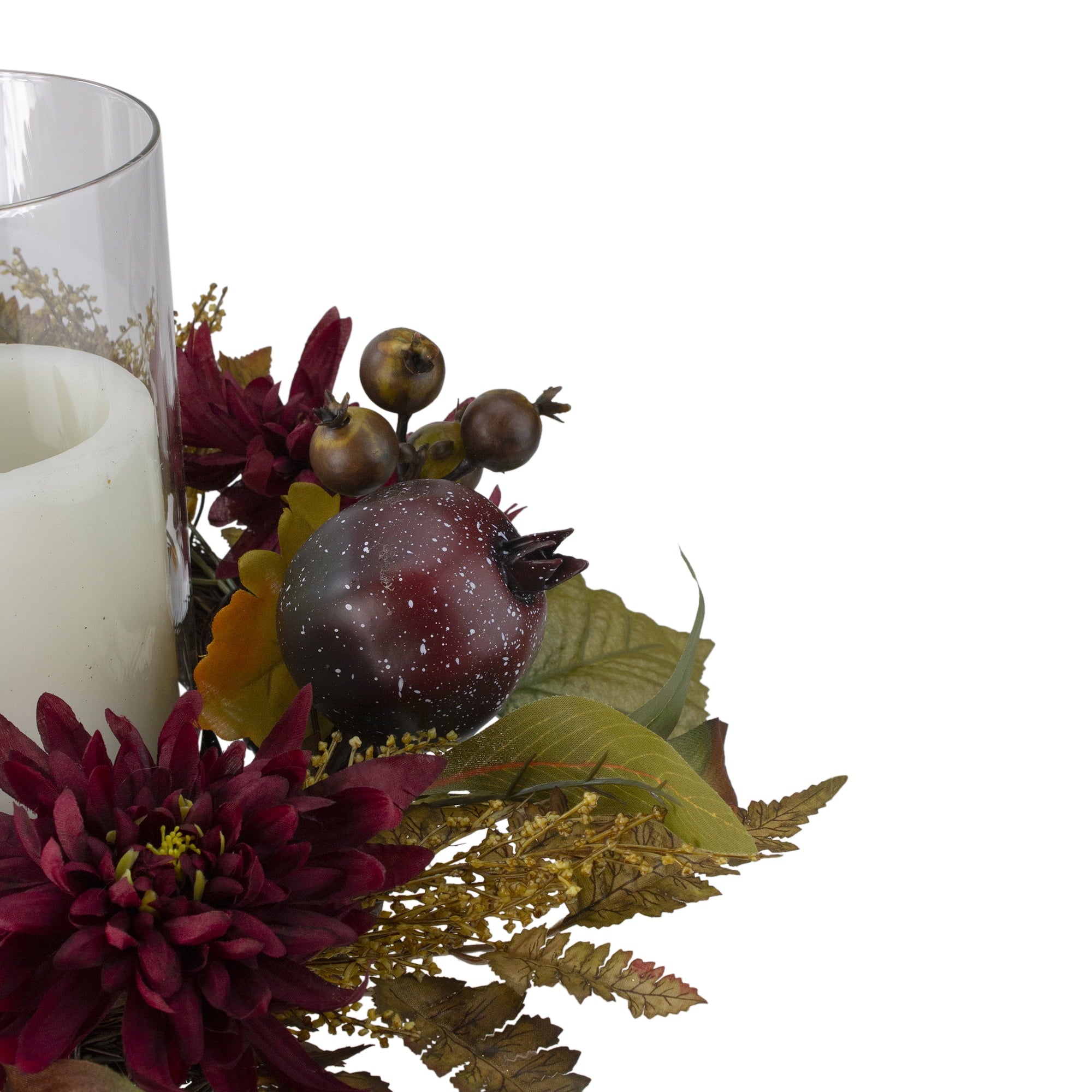 22" Autumn Harvest Mums with Pomegranate Autumn Centerpiece Glass Candle Holder
