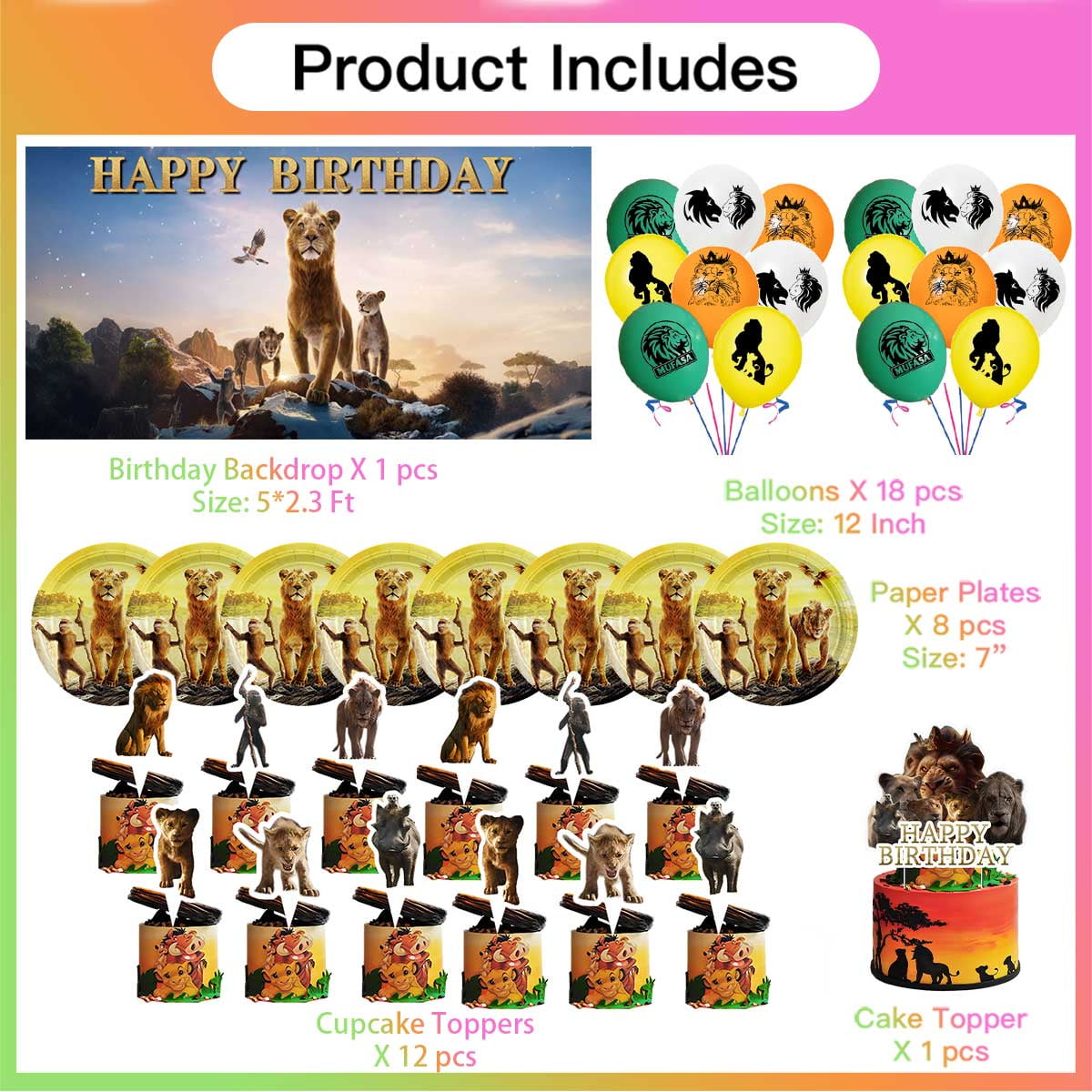 Mufasa Birthday Party Supplies Balloons Paper Plates Decoration Cake Topper Decor Tableware Banner Backdrop