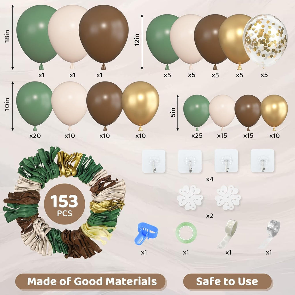 153pcs Sage Green Brown Balloon Garland Arch Kit, Different Sizes 18 12 10 5 inch Olive Green Gold Latex Metallic Confetti Balloons for Safari Jungle Woodland Birthday Baby Shower Decorations