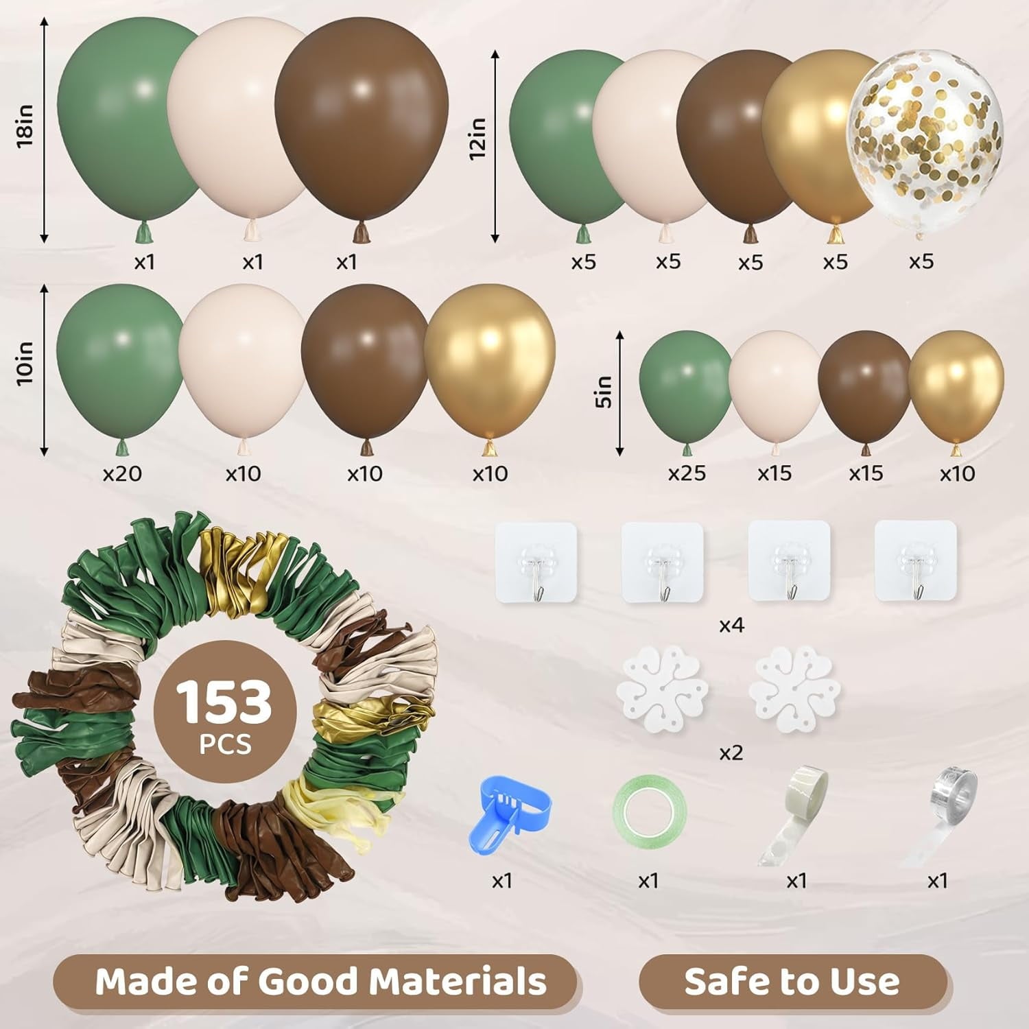153pcs Sage Green Brown Balloon Garland Arch Kit, Different Sizes 18 12 10 5 inch Olive Green Gold Latex Metallic Confetti Balloons for Safari Jungle Woodland Birthday Baby Shower Decorations