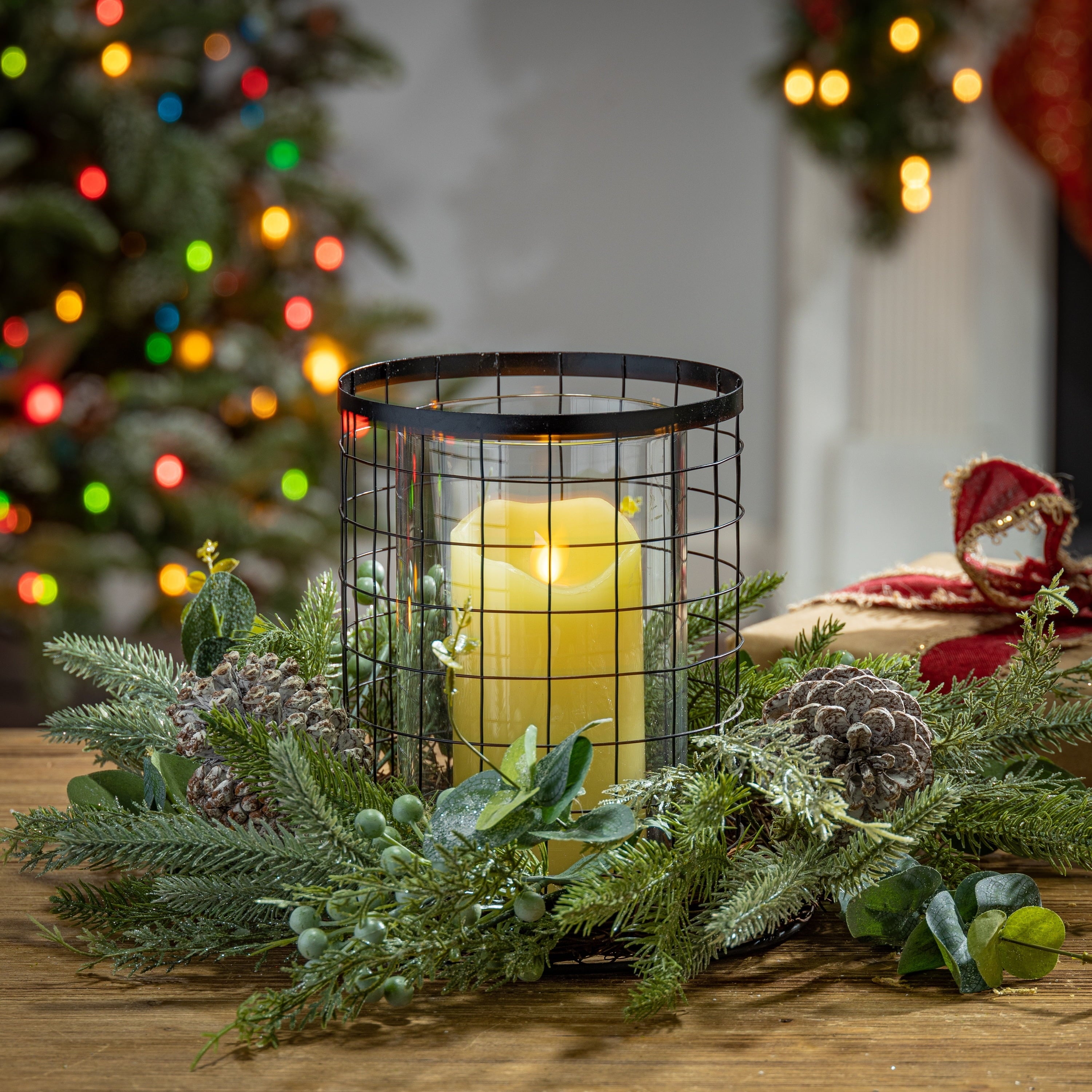 17 in. Metal Holiday Centerpiece Glass Candle Holder