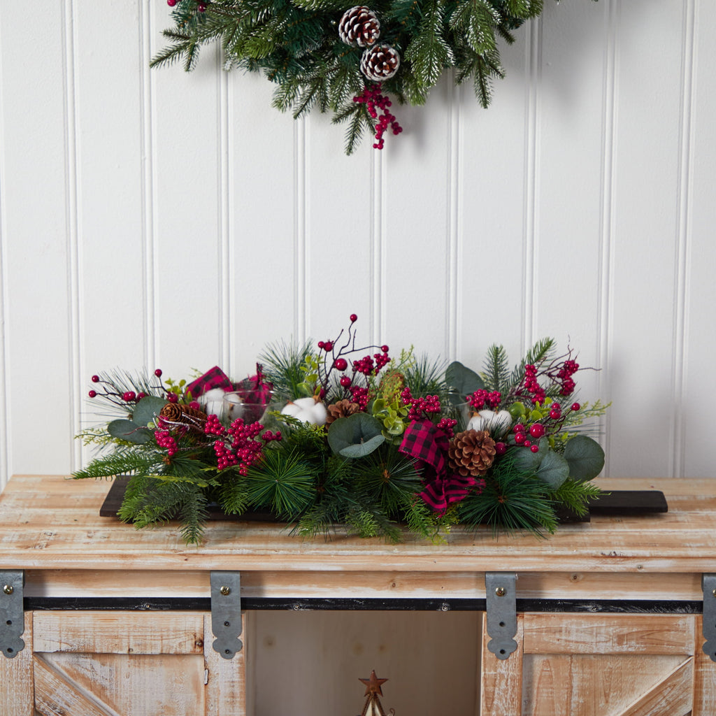 Nearly Natural 24" Holiday Berries, Pinecones and Eucalyptus Christmas Artificial Arrangement Cutting Board Wall Decoration or Table Arrangement