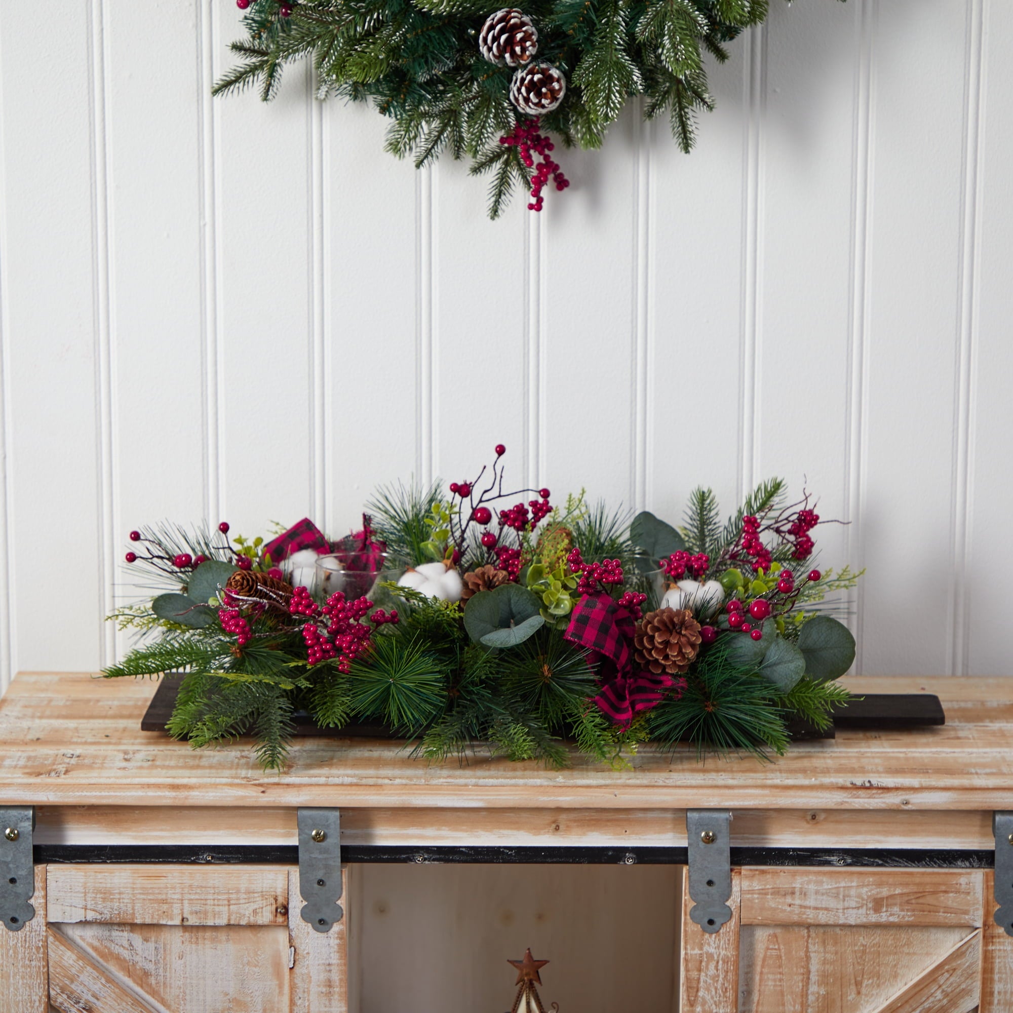 Nearly Natural 24" Holiday Berries, Pinecones and Eucalyptus Christmas Artificial Arrangement Cutting Board Wall Decoration or Table Arrangement