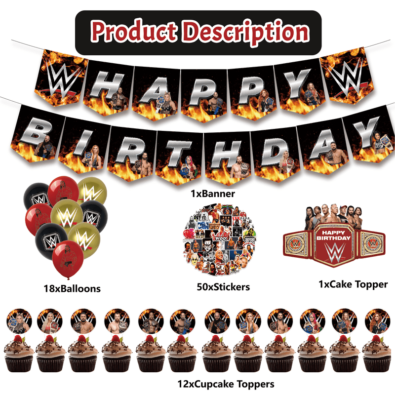 82 Pcs For Wrestling Party Decoration Set – Includes Banner, 18 Balloons, 50 Stickers, and 13 Cupcake Toppers for Themed Celebrations