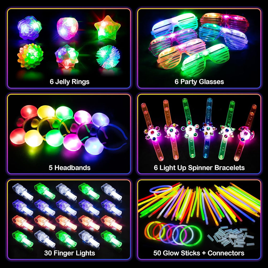 Mocoosy 103Pcs Glow in the Dark Party Supplies Light Up Party Favors LED Neon Halloween Toys Glow Sticks Bulk With Glow Sticks, Finger Lights, Led Glasses,Jelly Rings, Light Up Bracelets &Headbands