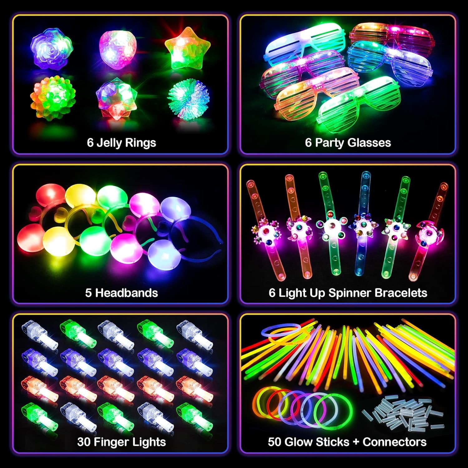 Mocoosy 103Pcs Glow in the Dark Party Supplies Light Up Party Favors LED Neon Halloween Toys Glow Sticks Bulk With Glow Sticks, Finger Lights, Led Glasses,Jelly Rings, Light Up Bracelets &Headbands
