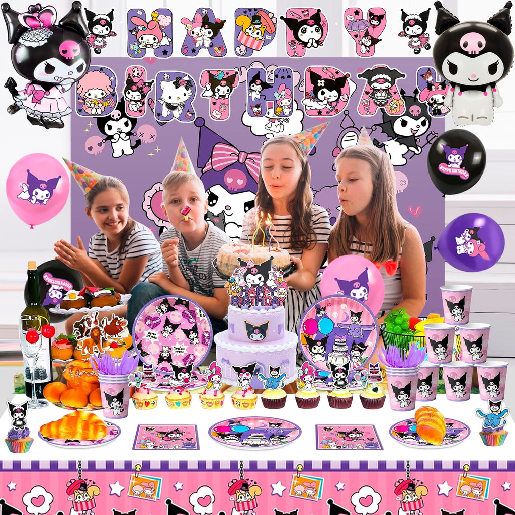 Kuromi Birthday Decorations Supplies,113 Pcs Kuromi Birthday Party Supplies Kit - Kuromi Birthday Plates Cups Napkins Tablecloth & Kuromi Balloons Banner etc Kuromi Party Decorations
