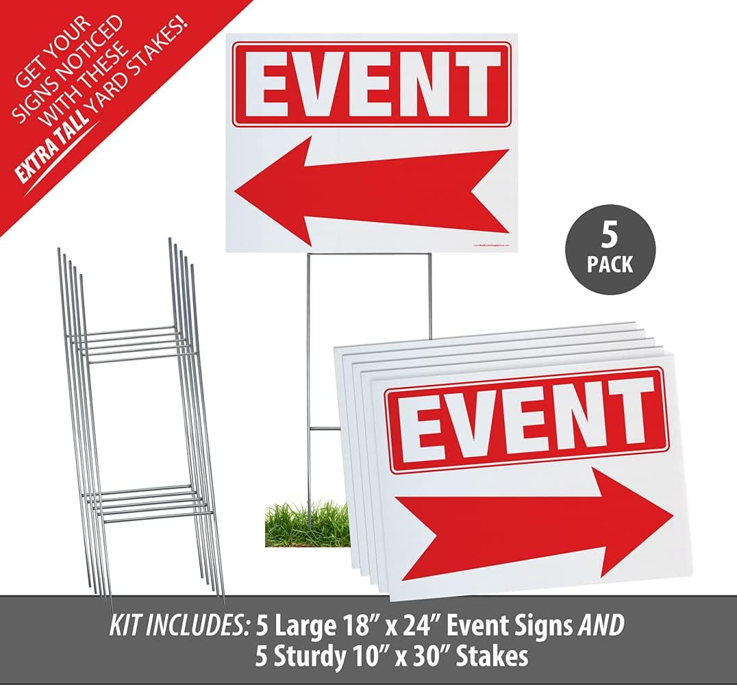Event Yard Sign Complete Kit Includes Sturdy Sign Stake - Durable Outdoor Double Sided 18x24 Sign with Extra Tall 10x30 Stake (5 Pack, Event)