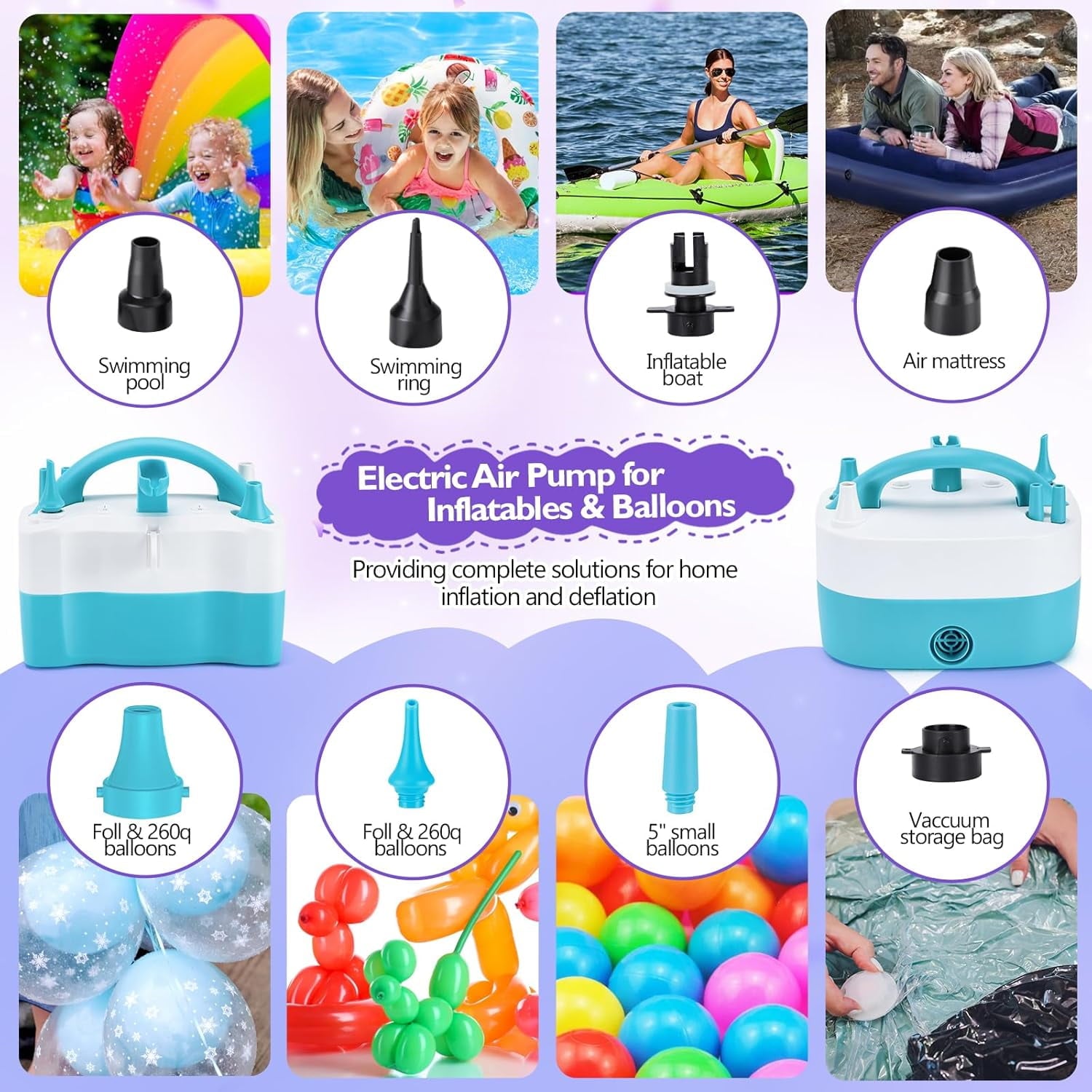 AGPTEK Balloon Pump Electric 3-in-1 Portable Air Pump Electric Air Balloon Pump 600W for 260q Foil Mylar Latex Double-Stuffed Balloons, Inflator Deflator for Pool Floats Air Bed Compression Bag