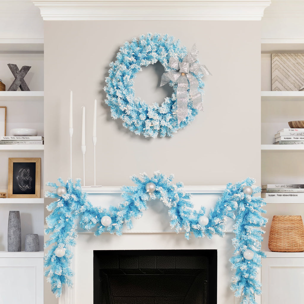 Northlight Pre-Lit Artificial Flocked Pine Christmas Garland - 9' - Sky Blue - Clear Lights