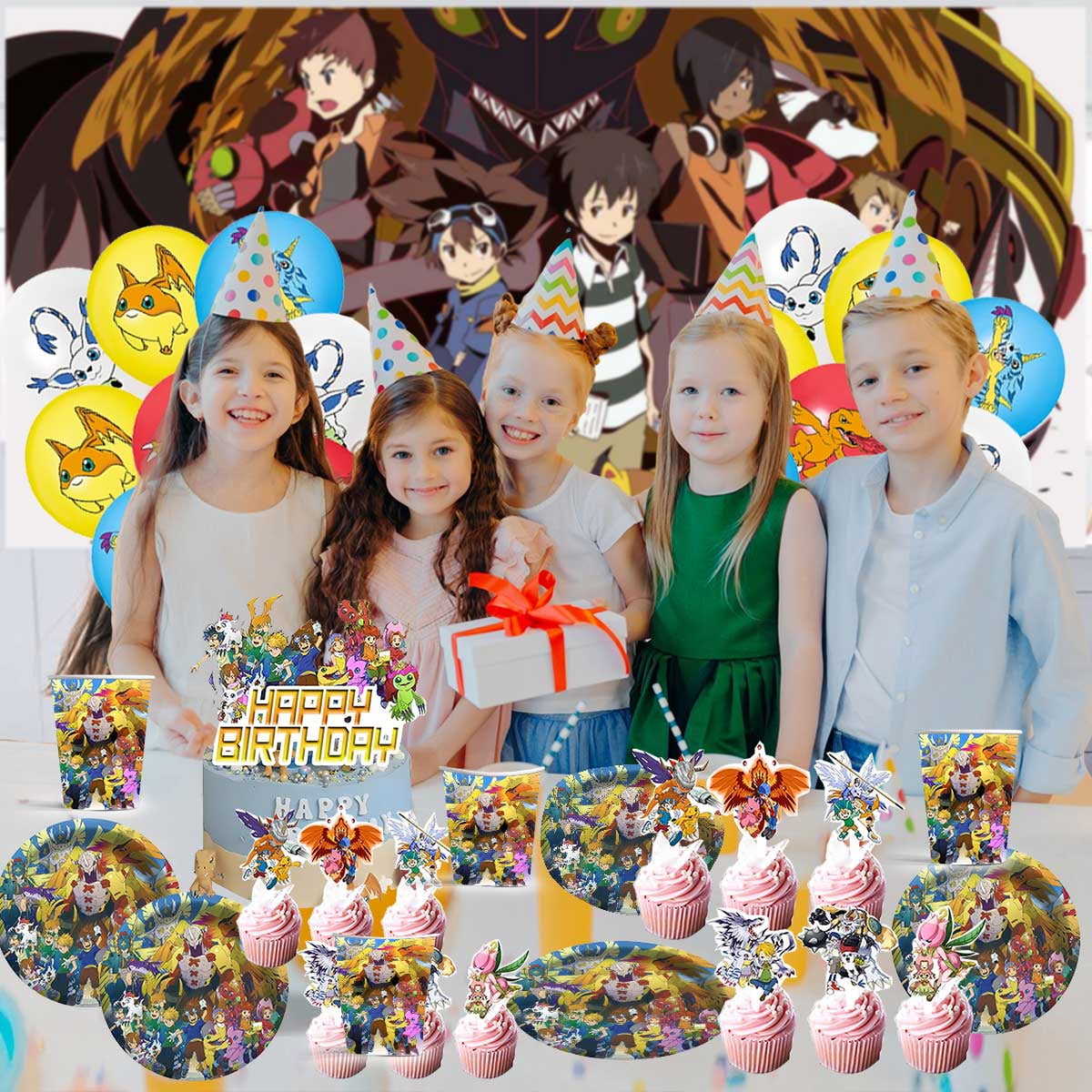 Digimon Monster Birthday Party Supplies Balloons Paper Plates Decoration Cake Topper Decor Tableware Banner Backdrop